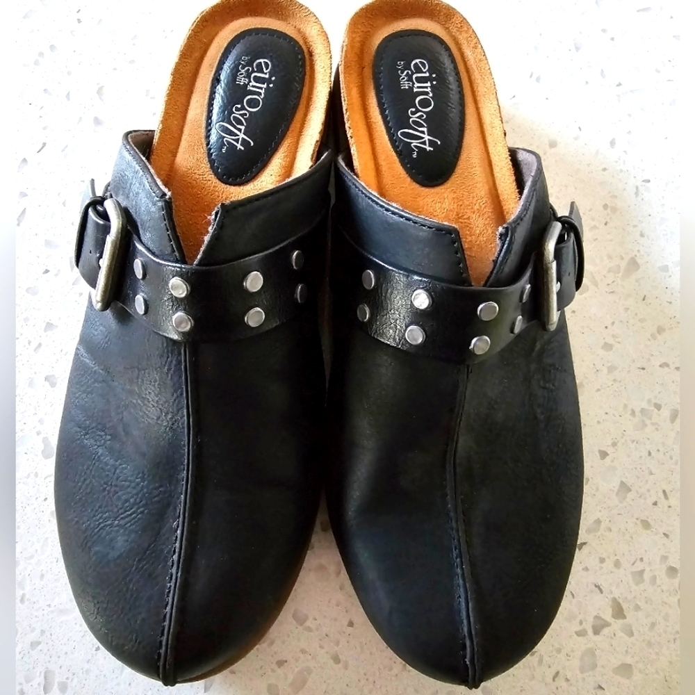 EuroSoft Black Women's Leather Loretta Mules Slip-On Shoe sz 8.5